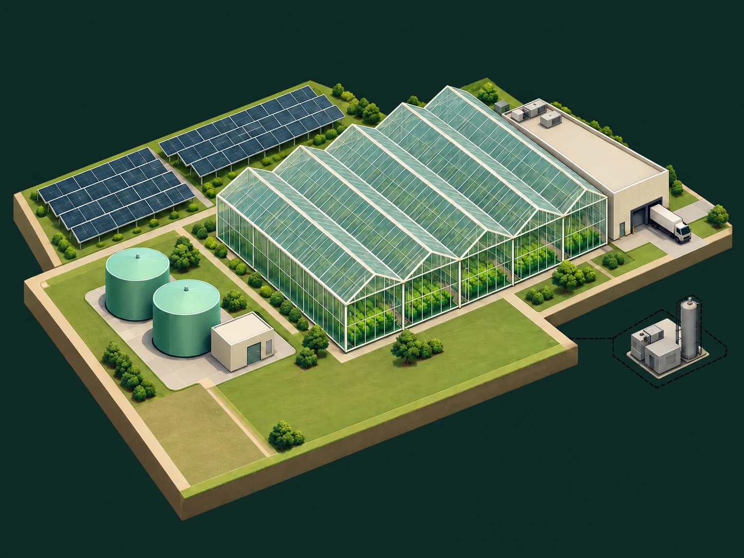 Illustrative campus with contained greenhouse growing, an adjoining packhouse, solar panels, water storage and treatment. Supply and collection pipes connect irrigation back to treatment and storage. Carbon capture is shown as a separate exploratory module.