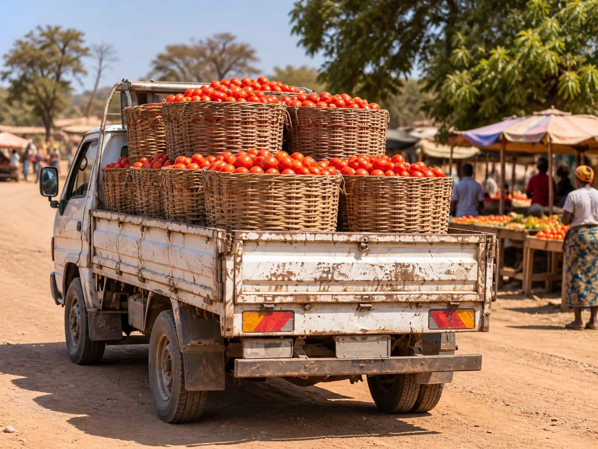 Illustration of an open truck transporting baskets of tomatoes exposed to the sun, without refrigeration.