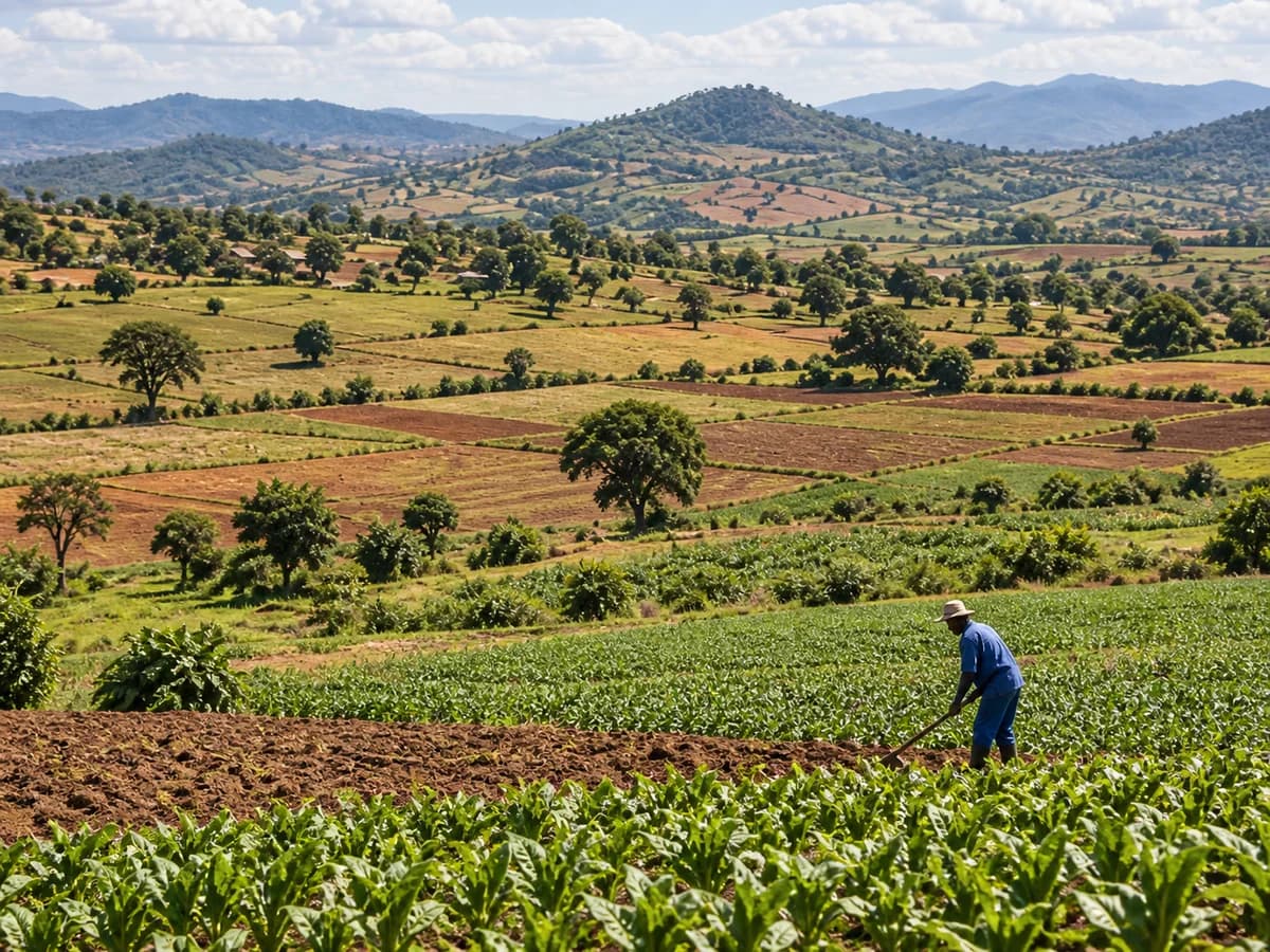 Illustration of a farmer tending small cultivated fields across a rolling agricultural landscape.