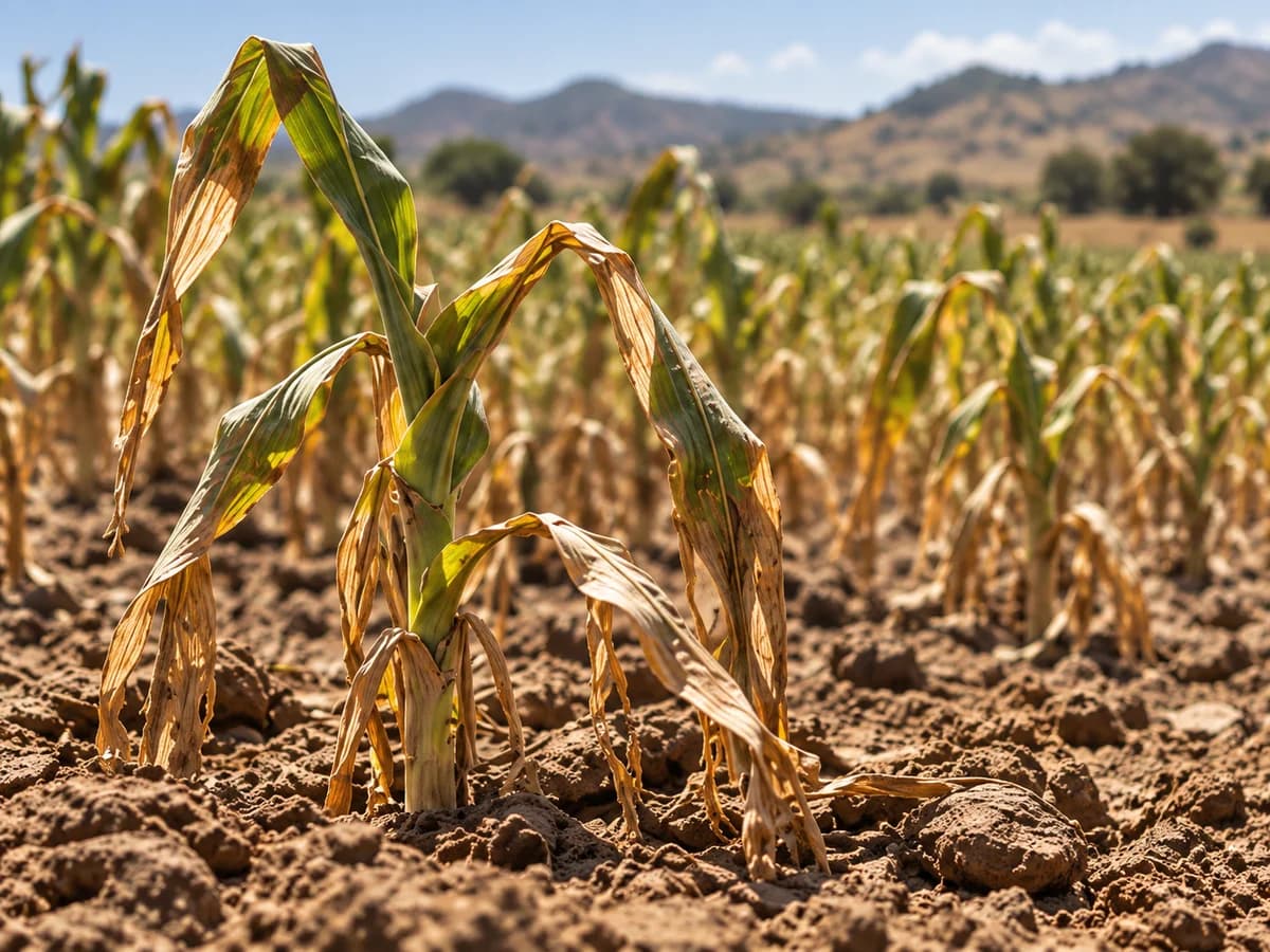 Illustration of drought-stressed maize with wilted leaves in dry soil.
